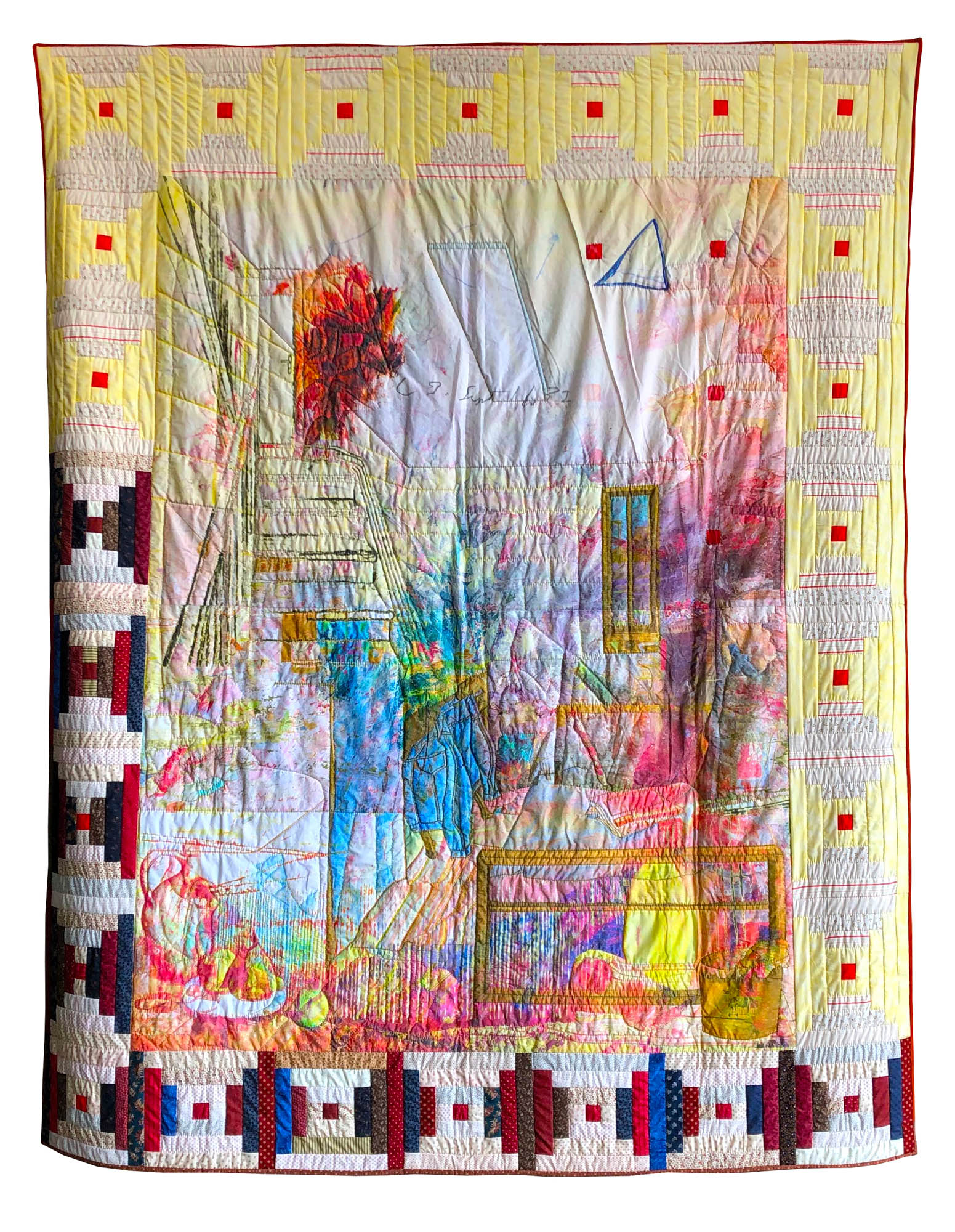 A colorful quilt depicts a layered and chaotic scene where still lives merge with prison cells and home interiors.