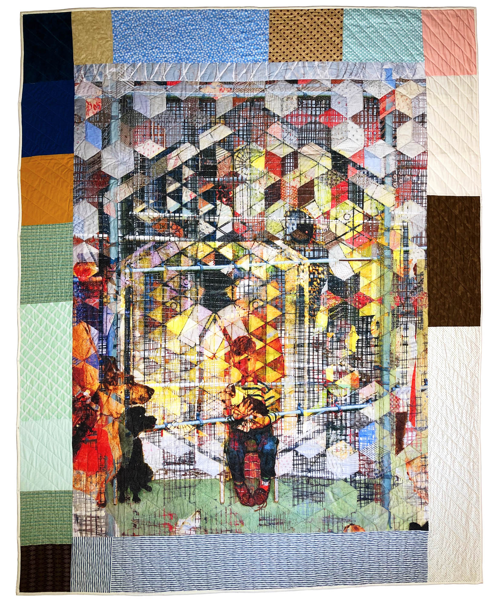 A boy sits in a chair looking at the viewer. Behind him is a man in an orange jumpsuit. In the foreground, a policeman and dogs surveil them through tumbling blocks and cages.