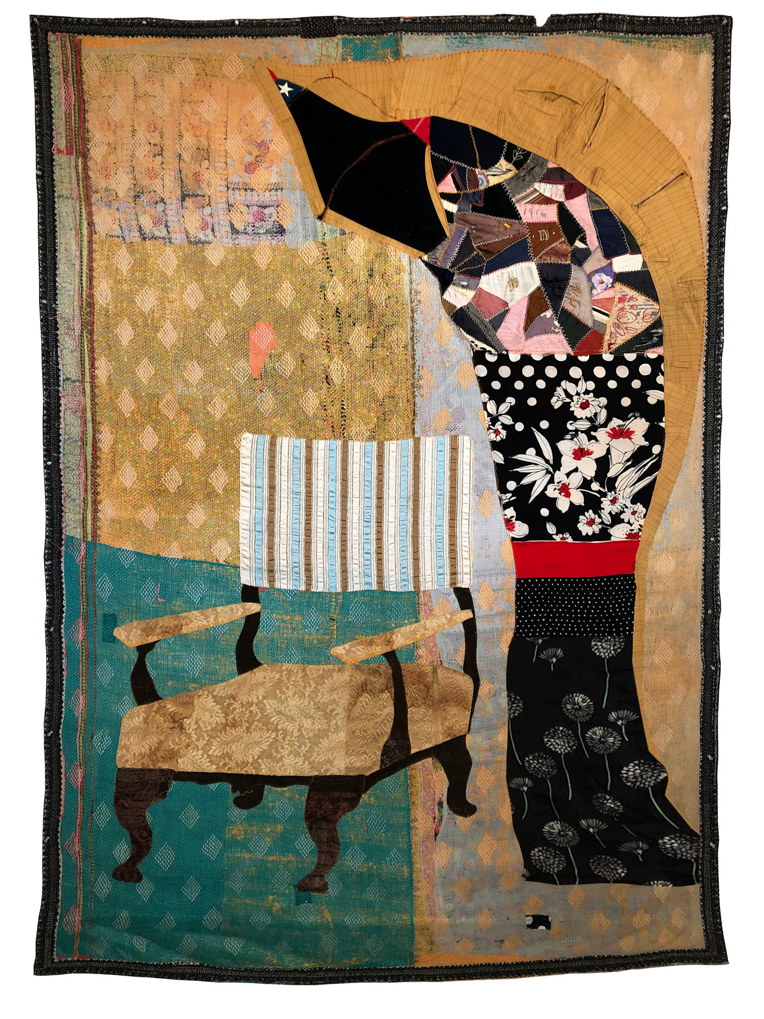 An abstracted figure made of patterned clothing fragments looms over an empty chair.