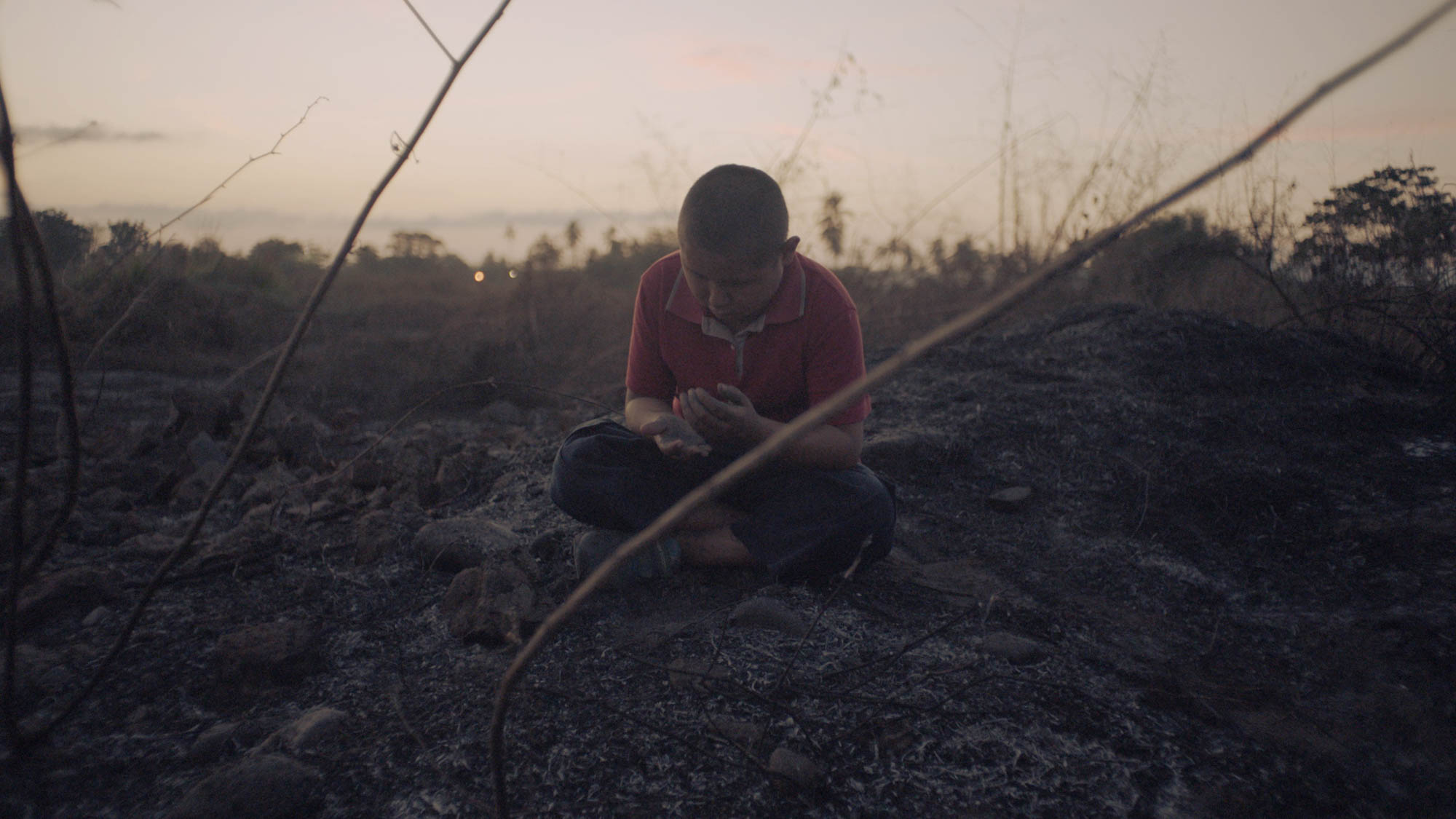 A young boy, about nine years-old, sits cross-legged in a vacant lot at sunset. The ground has been burned and the boy, hunched over, plays with a handful of ash.