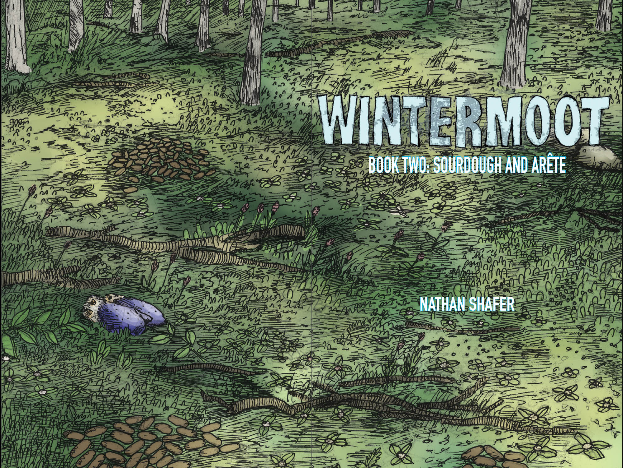 From Book Two, the title splash page of a Taiga forest with moose nuggets and Aqpik’s mittens.