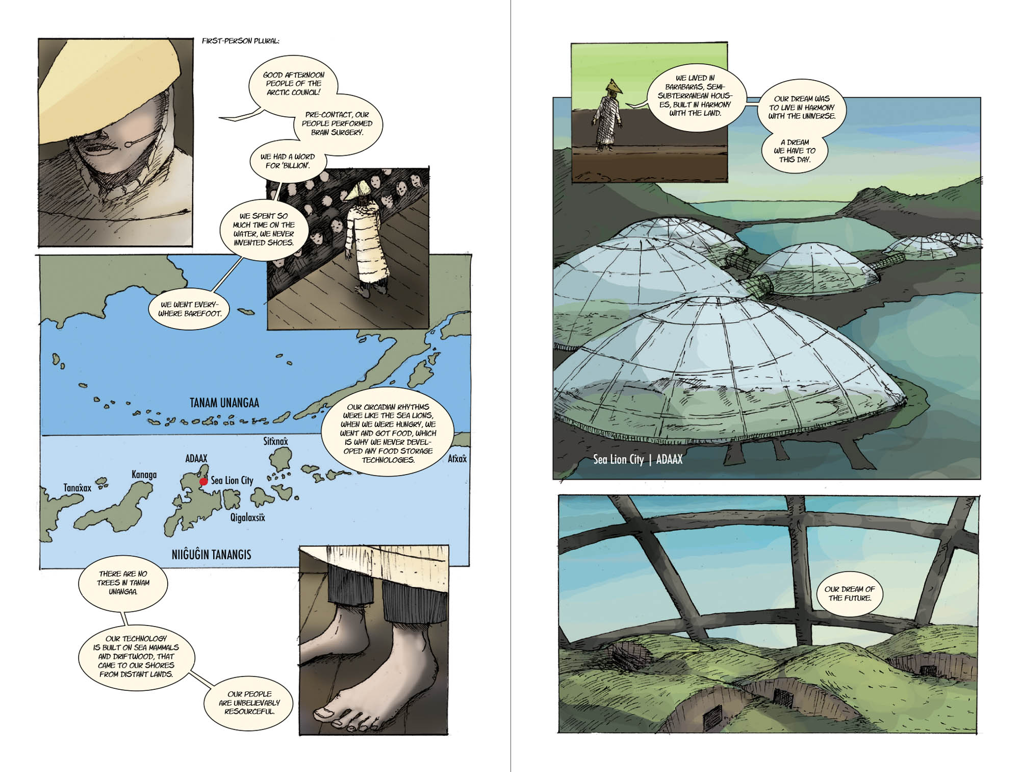 From Book Two, a mysterious hero has emerged on Adak Island in the Aleutian Chain, who has transformed the island into a series of domed cities housing AIs.