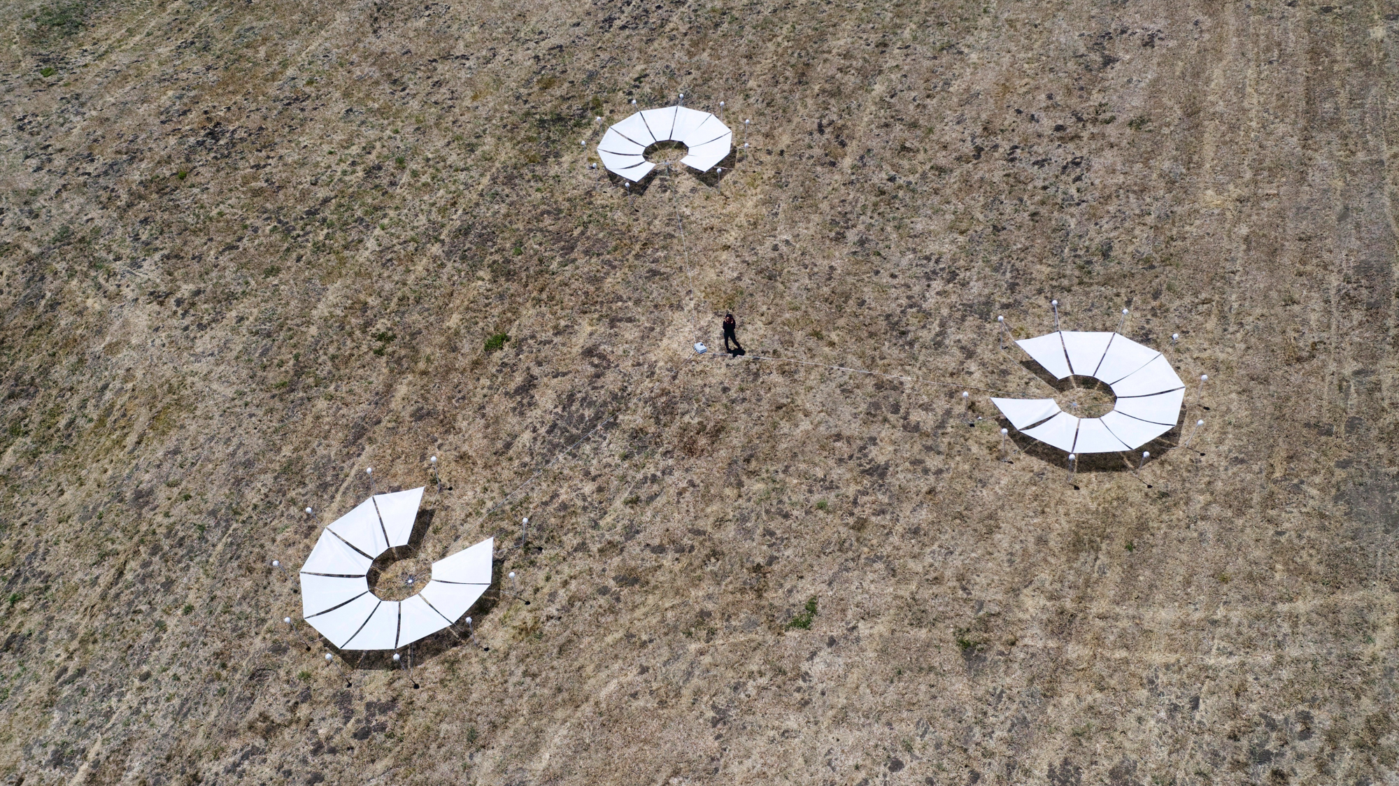 Overhead shot of Macrophones installation comprising three large white 11-sided sculptures in a grassy landscape with a figure wearing black standing between them.