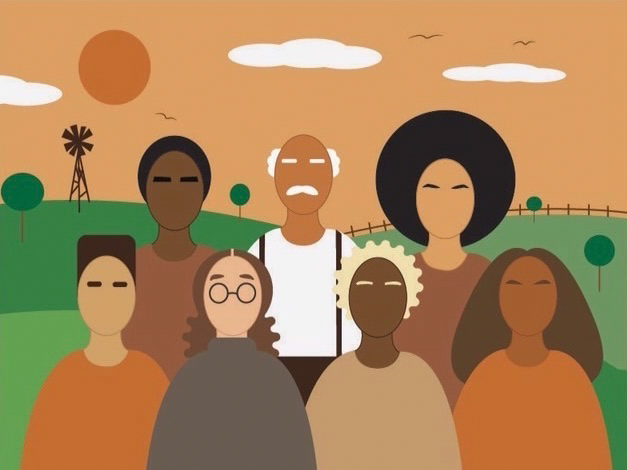An illustrated image of 7 Black people in front of rolling green hills and a pale orange sky. The seven people come in many shades of brown with different hairstyles and features.