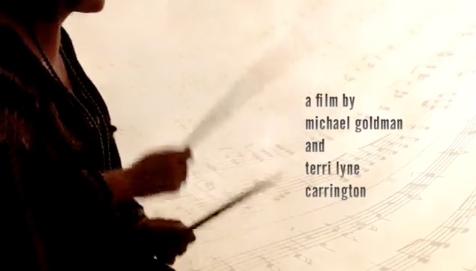 screenshot from New Standards film, opening credits. Terri Lyne Carrington plays drums, with text: “a film by michael goldman and terri lyne carrington”