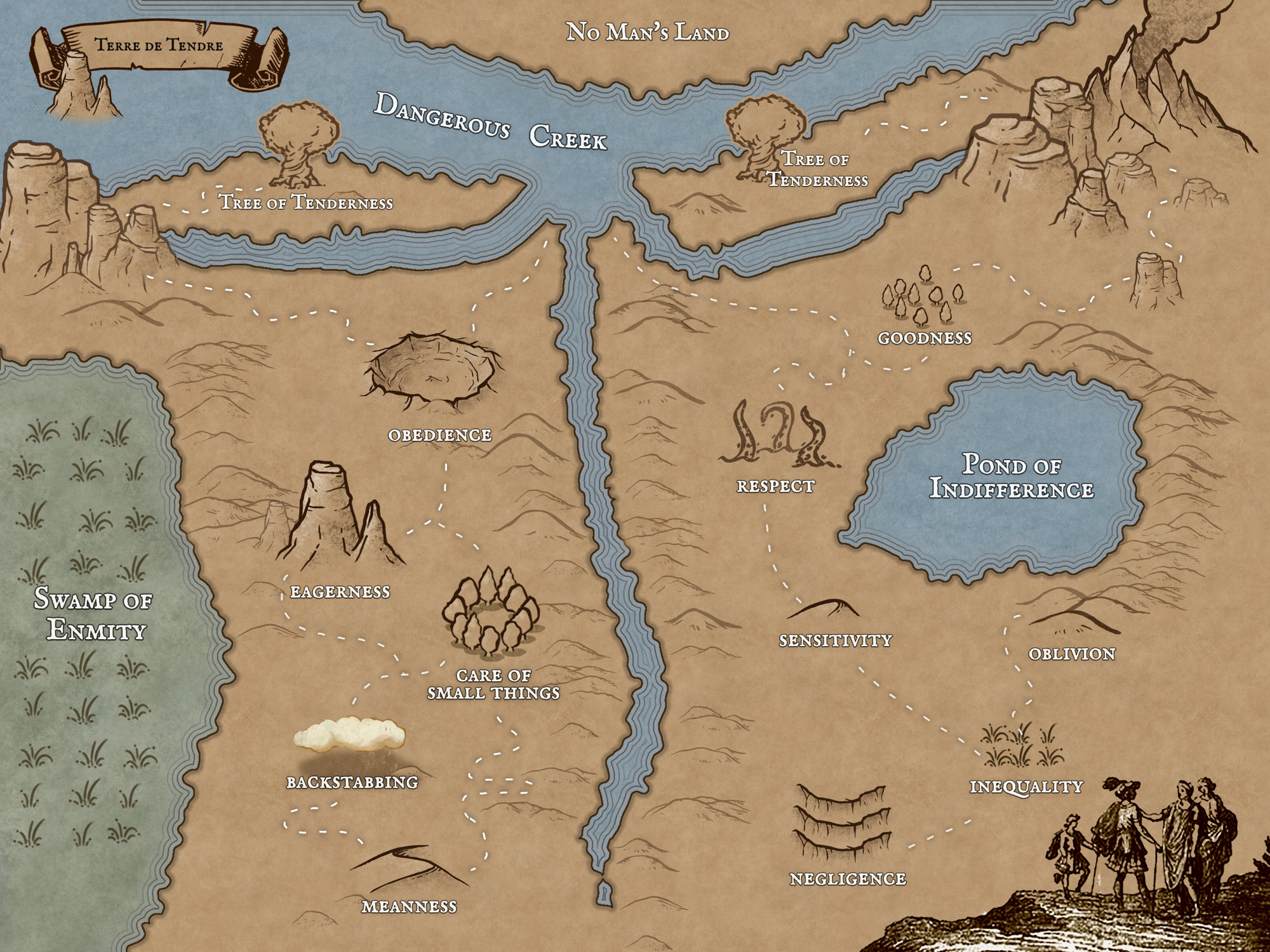A simplified map of the imaginary land Terre de Tendre, rendered in an old-fashioned style.