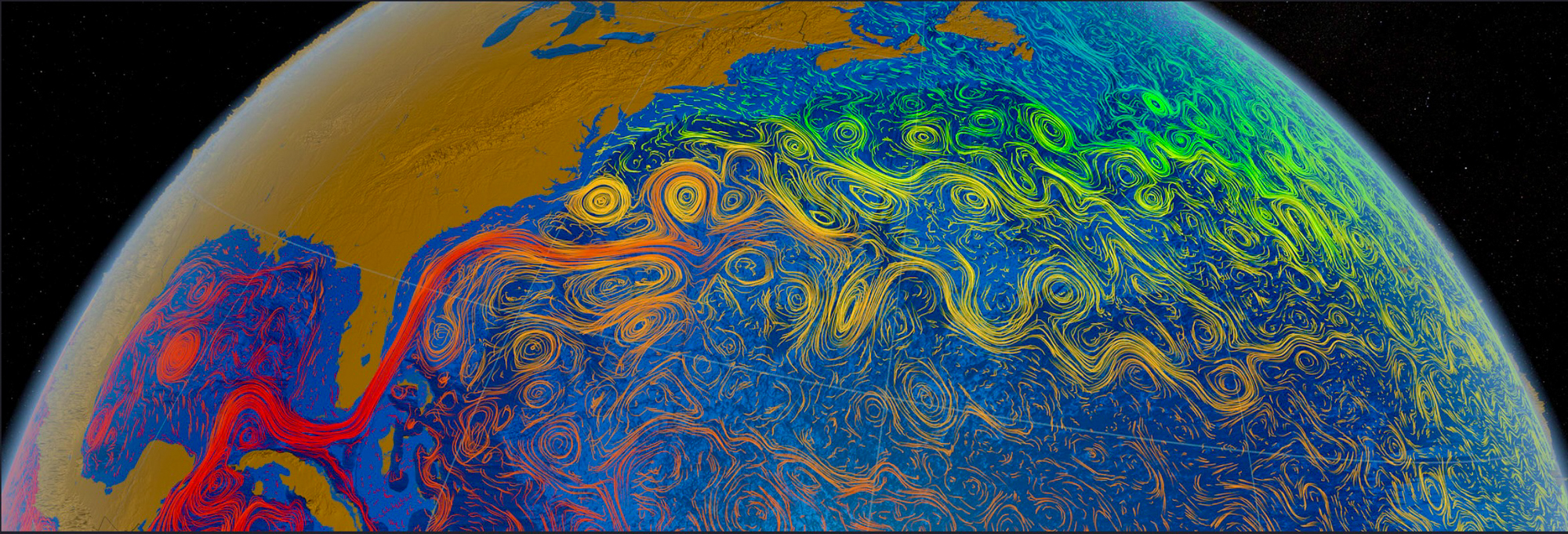 A NASA generated visual showing water currents as they move across the globe.