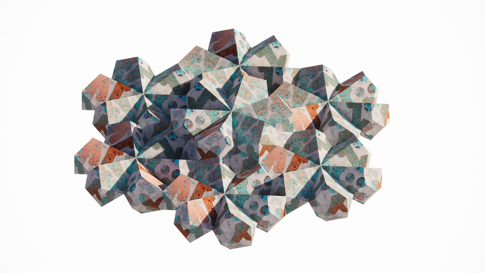 a cluster of gray and red geometric shapes set in a black white background.