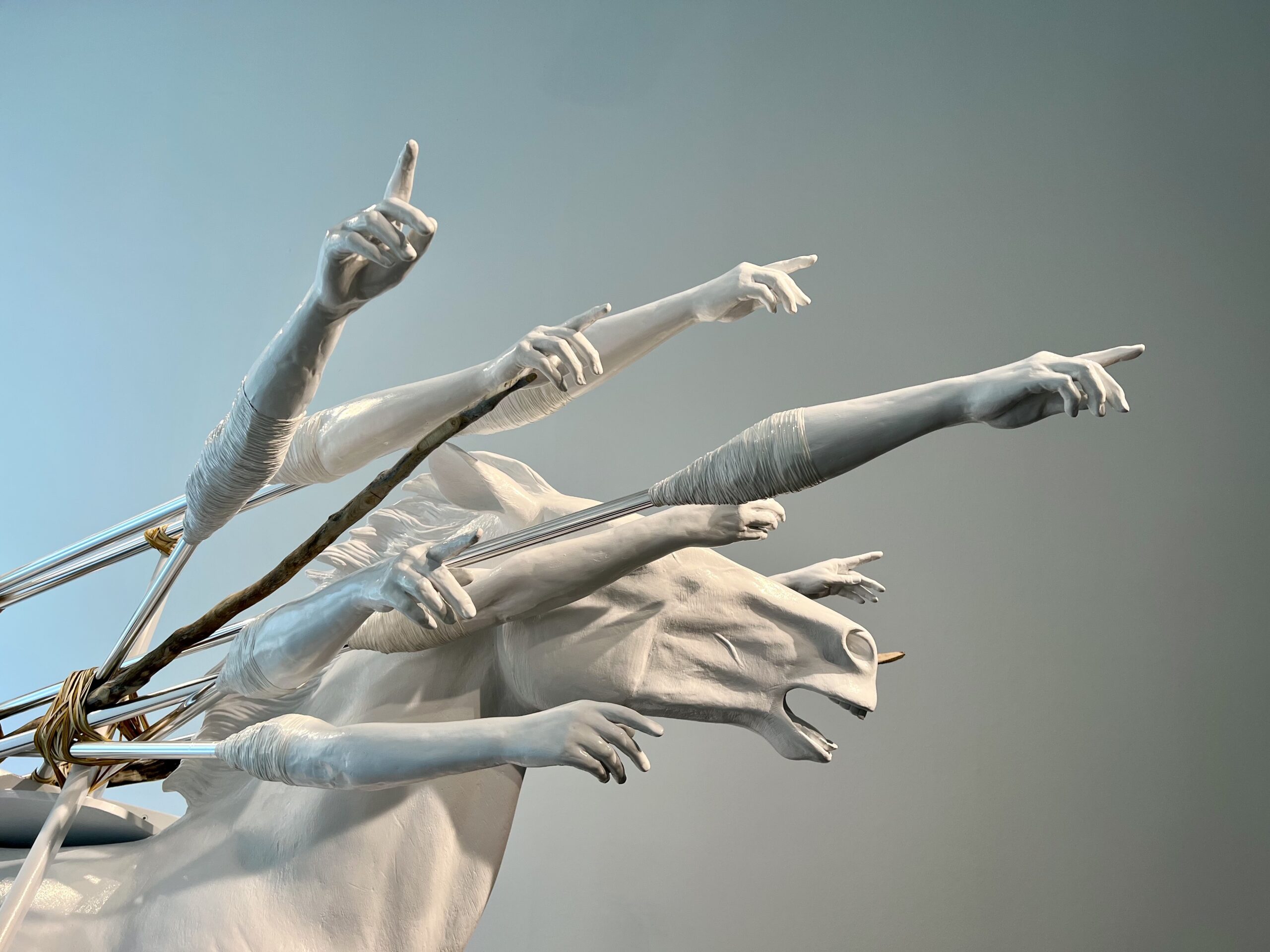 SHE MUST BE A MATRIARCH, 2023. Detail. Fiberglass horse, paint, adhesive, resin, plaster, plastic, wood, foam, metal, IKEA remnants, leather, prophylactics, found objects. Photo courtesy of the artist.