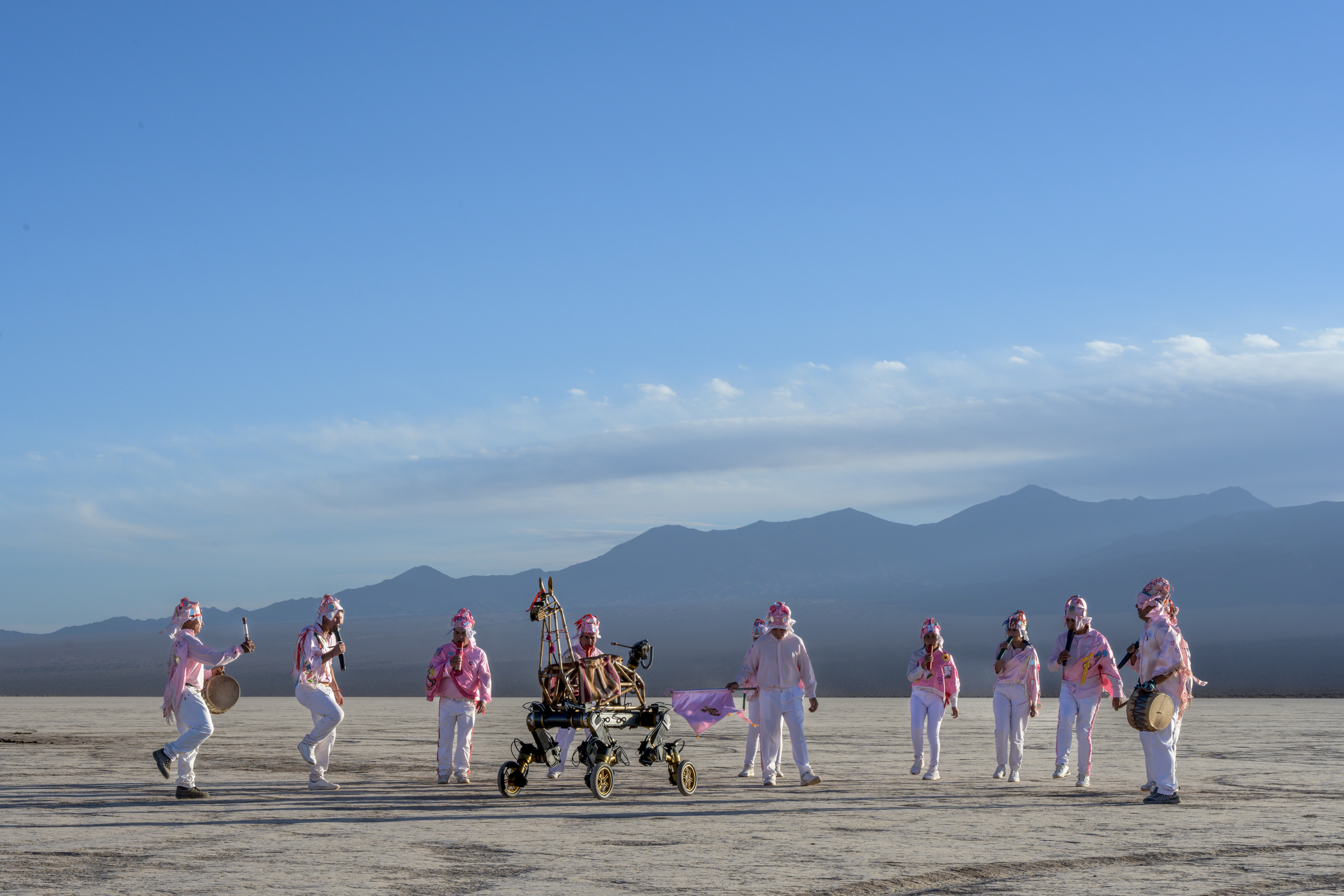 Guanaquerx pre-expedition ceremony/performance with local dancers. Barreal Blanco, Argentina. Photo: Pavel Romaniko.