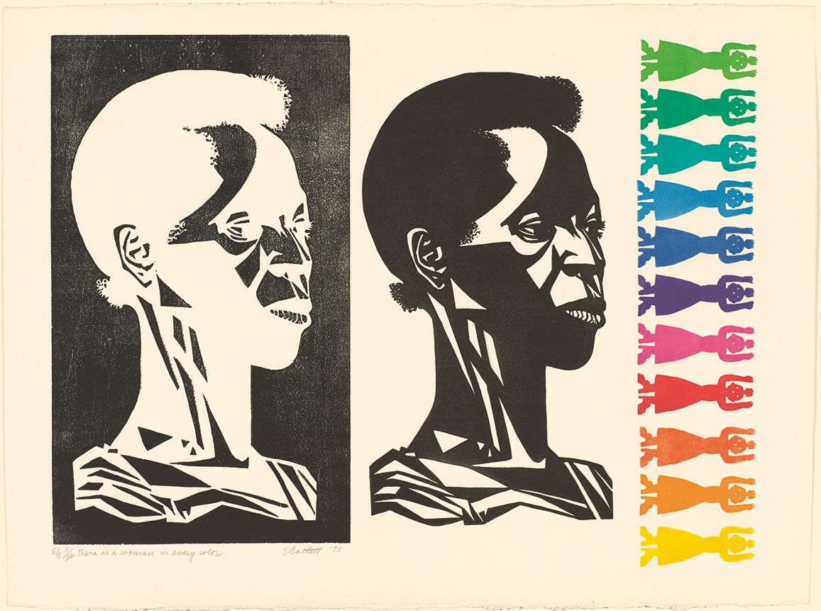 Elizabeth Catlett, There is a Woman in Every Color, 1975. Color linoleum cut, screenprint, and woodcut on Arches paper, 22 1/4 in. x 29 15/16 in. (56.52 cm x76.04 cm). Bowdoin College Museum of Art, Brunswick, Maine, Museum Purchase, Lloyd O. and Marjorie Strong Coulter Fund. 