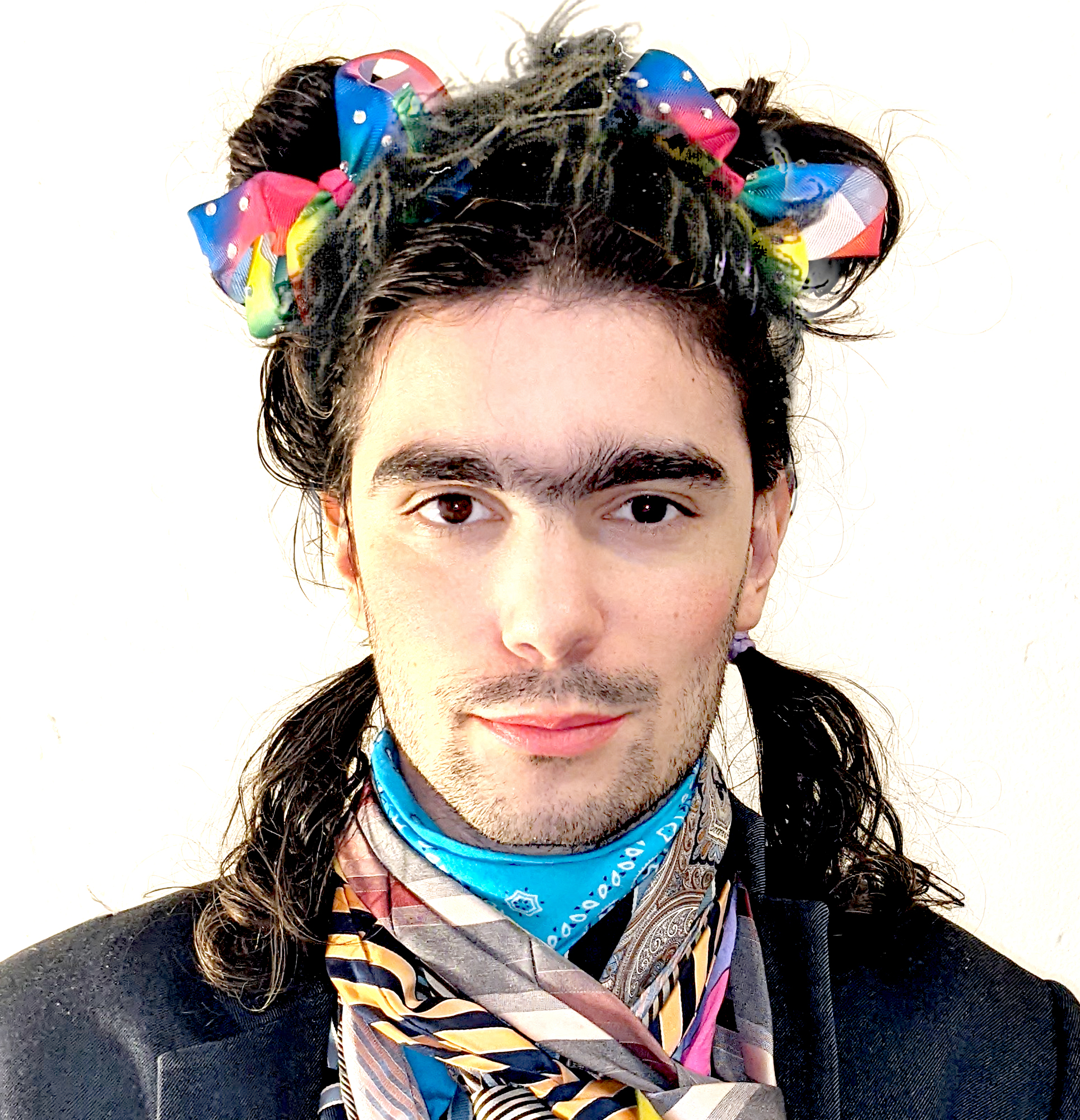 Image of the artist solidified into a recognizably human form smiling slightly and adorned with 10 visible neckties, a dark grey blazer, a blue bandana, and 2 colorful hair bows fastened on pigtails atop the head.
