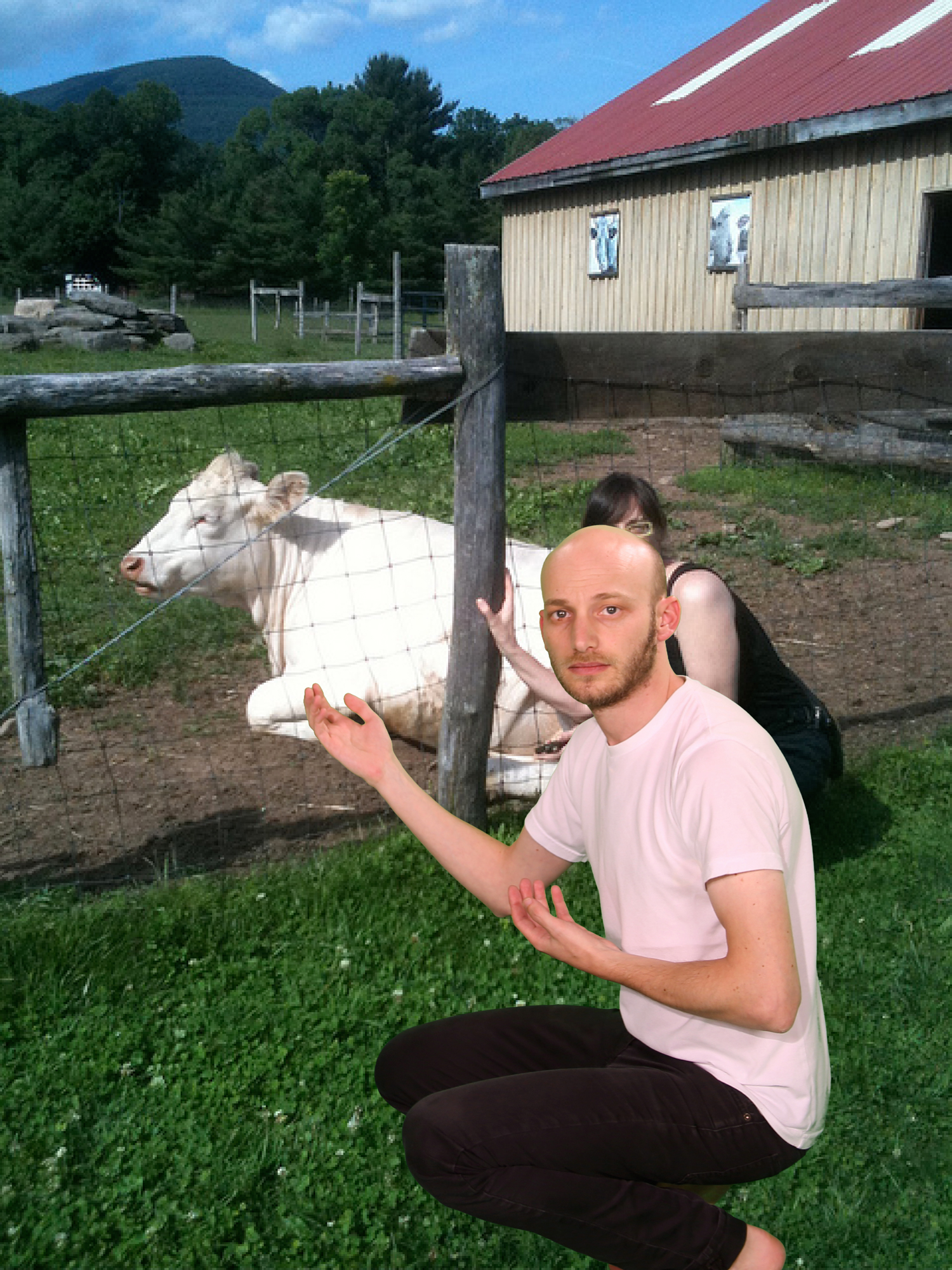 Sam Lavigne, bald, dressed in a white t-shirt and black pants, posing in front of an image of a woman with dark hair, posing in front of a white cow.