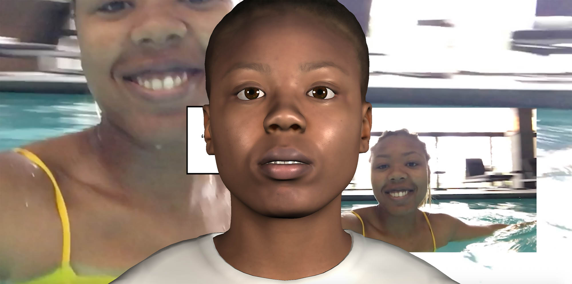 A duplicate image of the artist swimming in a pool smiling overlaid with an AI rendering of the artist staring straight ahead.