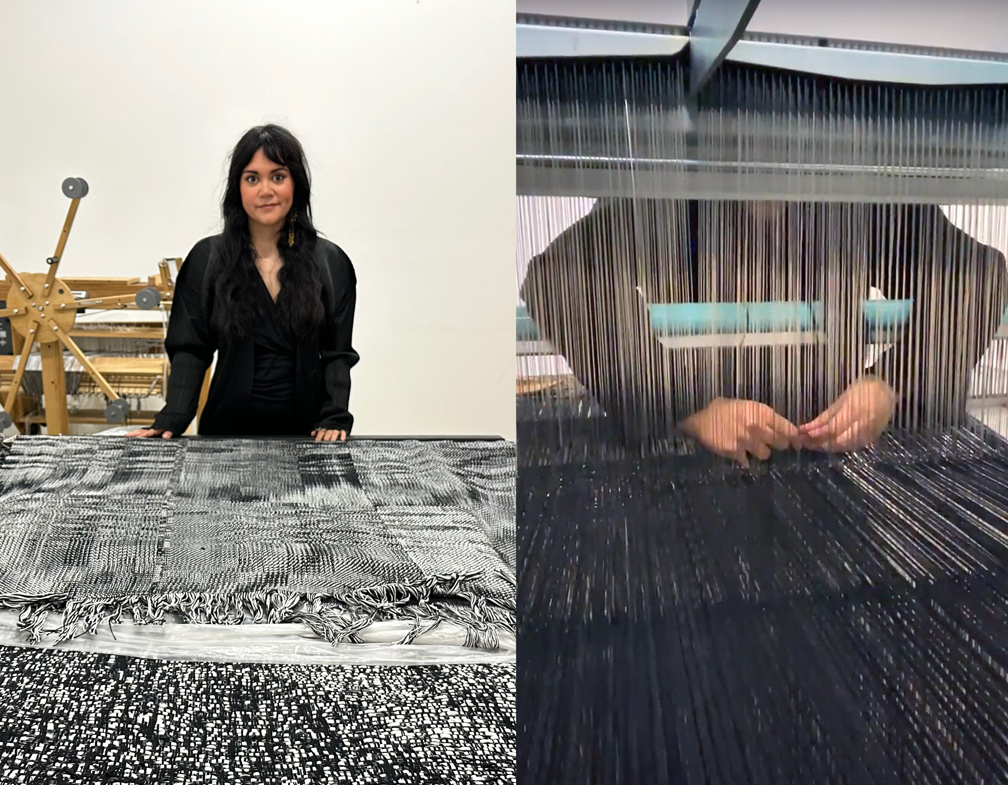 Portrait of Sarah Rosalena on the left and a picture of her using a large loom on the right.