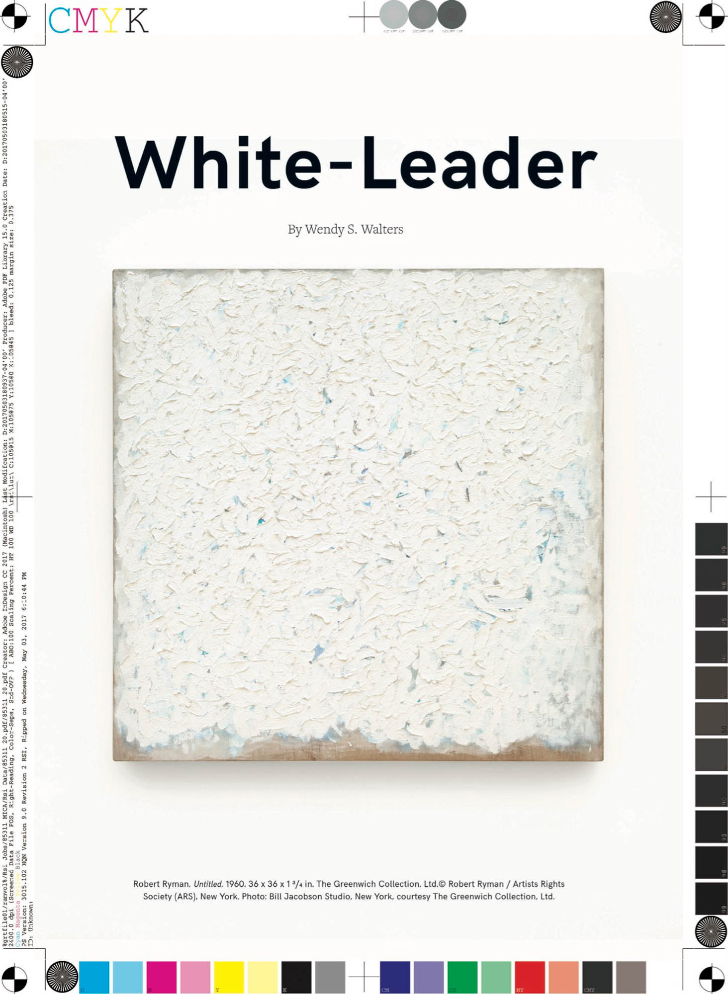The title page of an essay focused on the production of white-lead. It is illustrated by a monochromatic painting by Robert Ryman.