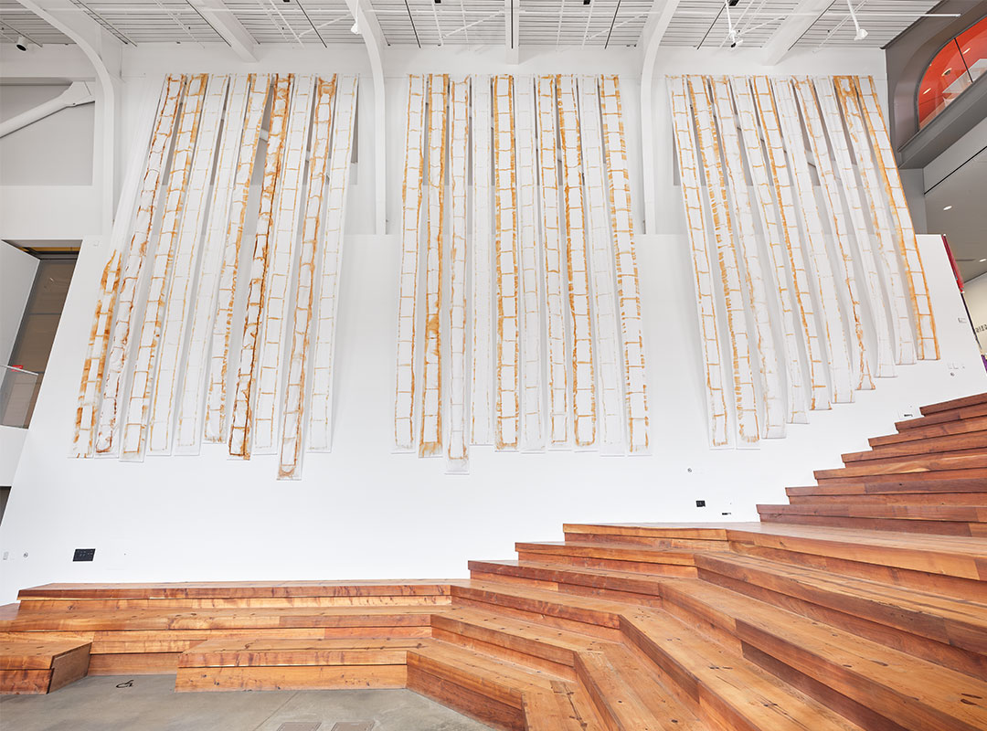 Installation view of Tanya Aguiñiga: Border Fall Height, at BAMPFA, Berkeley, CA. Image via BAMPFA.