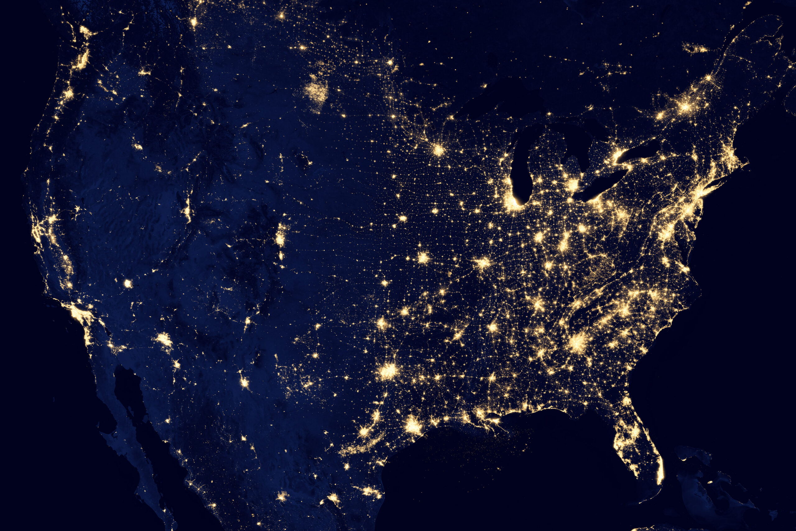 Satellite view of the night lights of the cities of United States. Elements of this image furnished by NASA