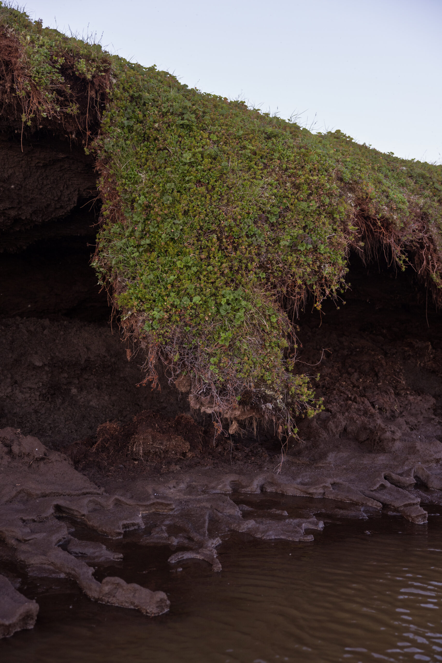 A flap of tundra hangs off of an eroding island exposing thawing permafrost near Kasigluk, Alaska on July. 11, 2023.