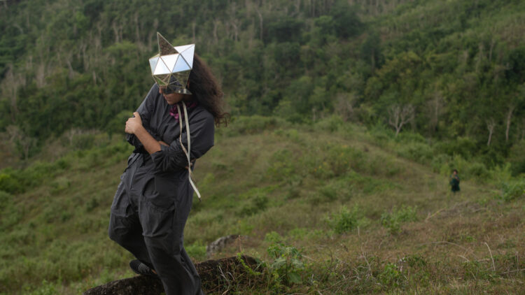 A person walking through a lush green landscape with a mirrored mask on her head.