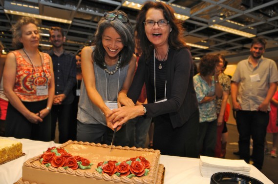 Kay Takeda (LMCC) and Alyson Pou (Creative Capital) celebrate five years of ASI.