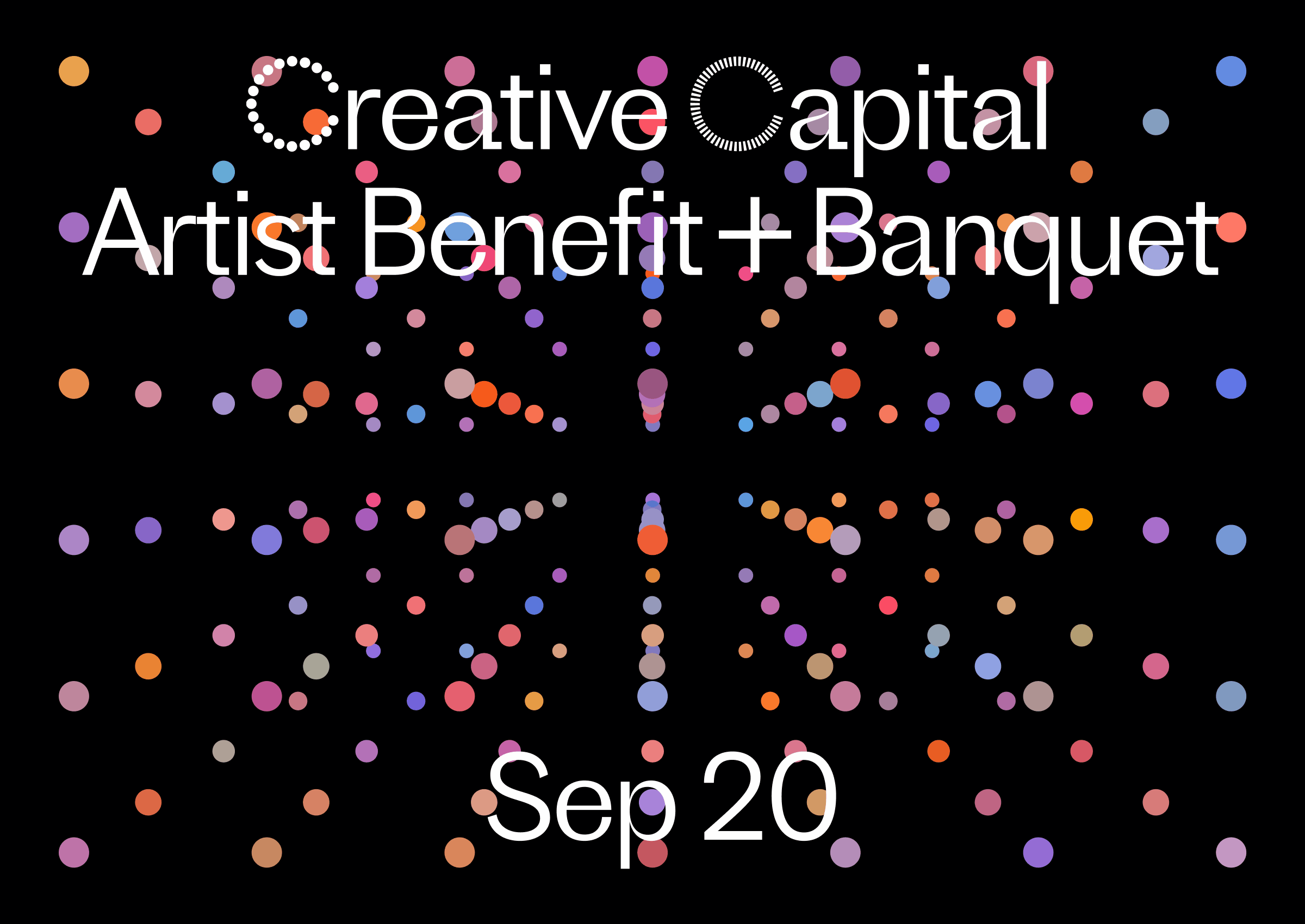 A GIF with colorful dots on a black background reads "Creative Capital Artist Benefit + Banquet Sep 20"