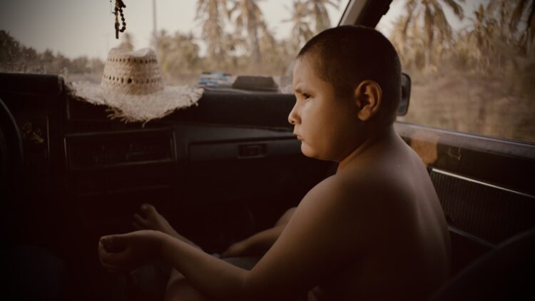 A boy sitting in a car.