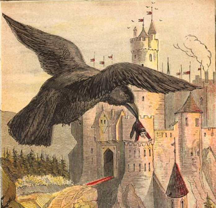 An illustration of a bird holding a person flying over a castle.