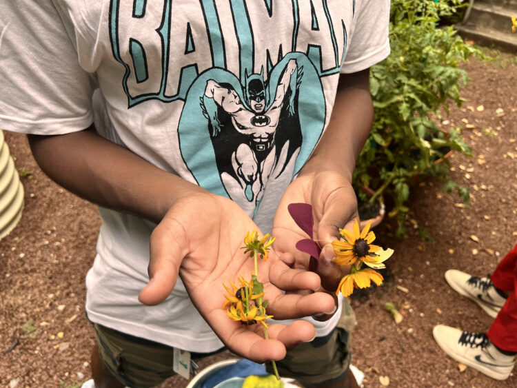 A hand holding flowers.
