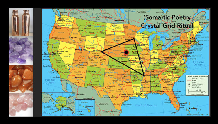 A map pf the United States with a triangle and the text "(Soma)tic Poetry Ritual by CAConrad" superimposed in the middle.