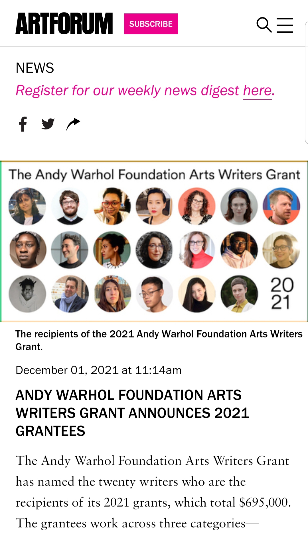 Screenshot of Artforum's coverage of the 2021 Arts Writers Grant announcement