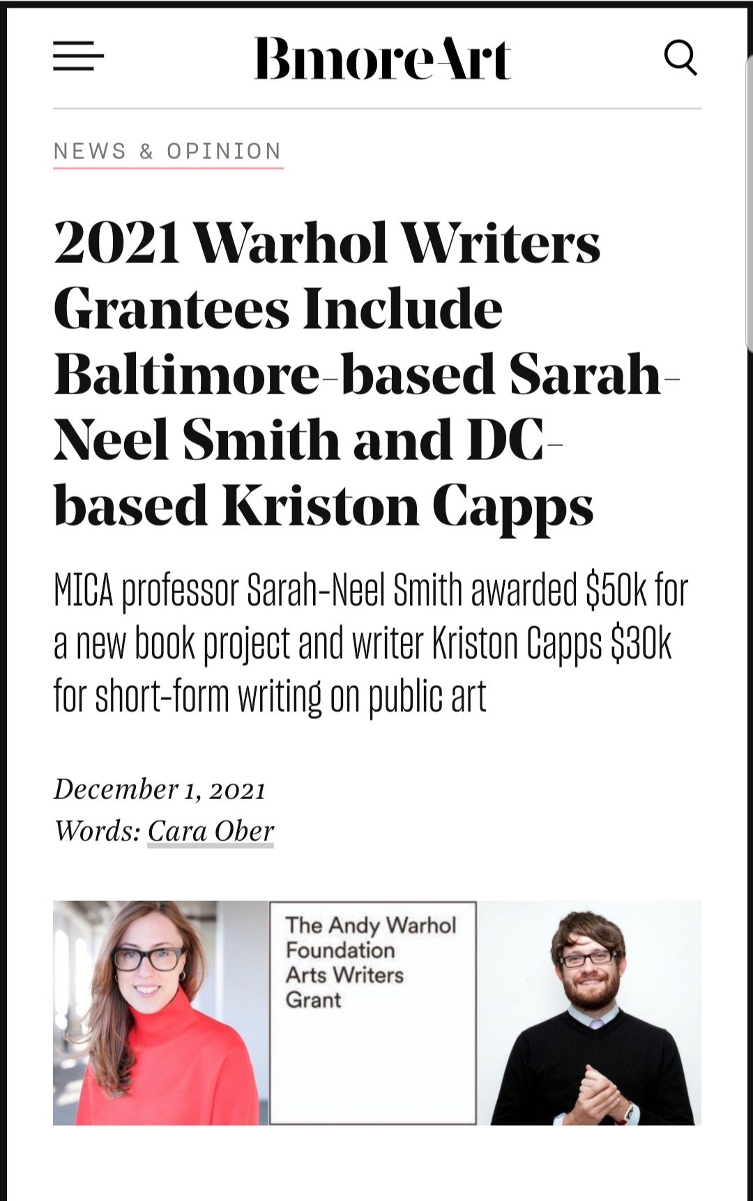 Screenshot of BMmoreArt coverage of the 2021 Arts Writers Grant announcement