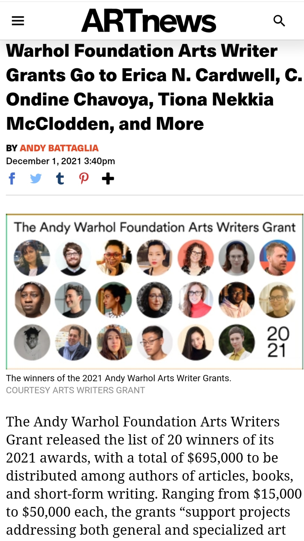 Screenshot of ARTnew's coverage of the 2021 Arts Writers Grant announcement