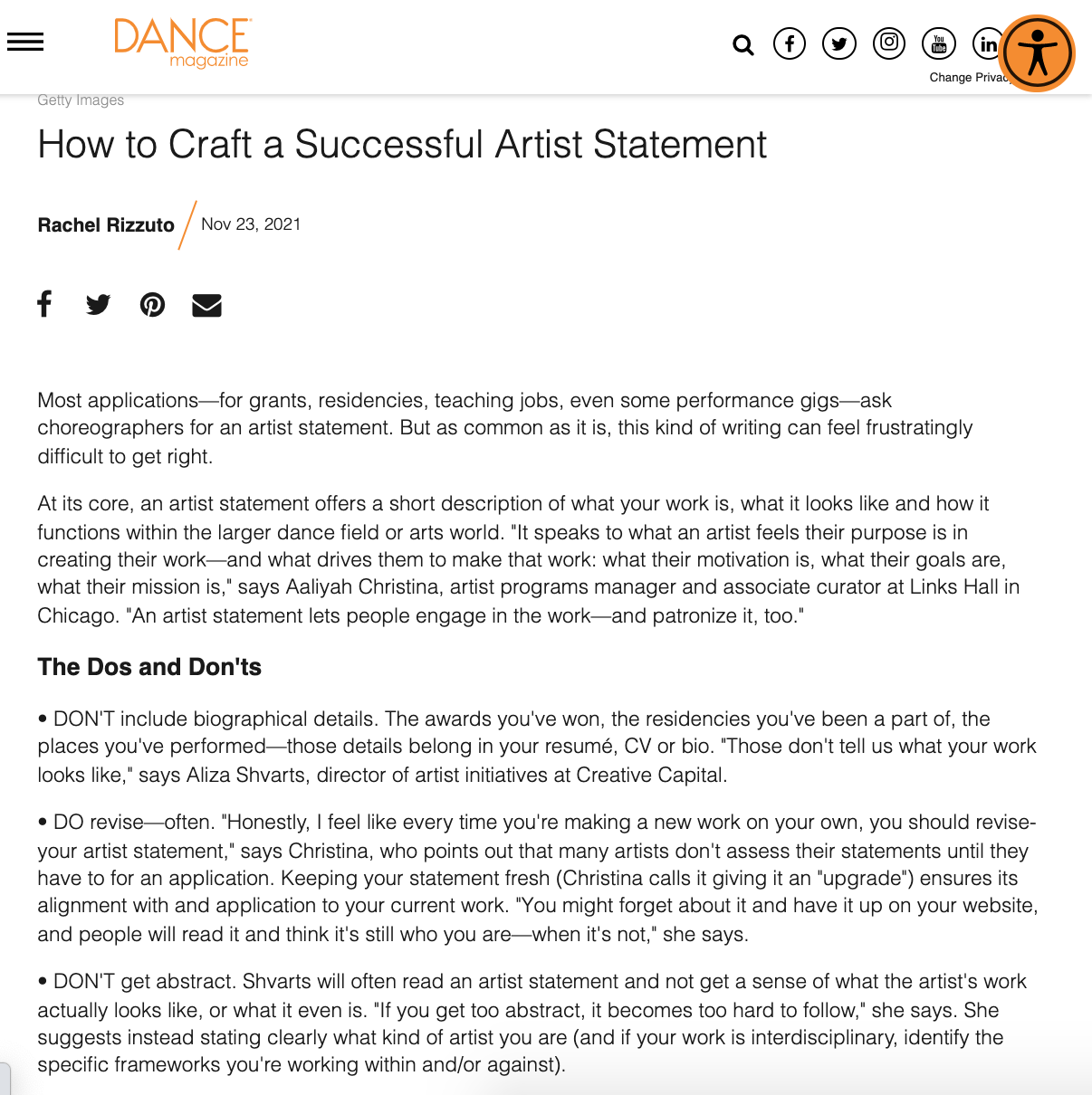 Screenshot of Dance Magazine's article about artist statements, featuring Aliza Shvarts.