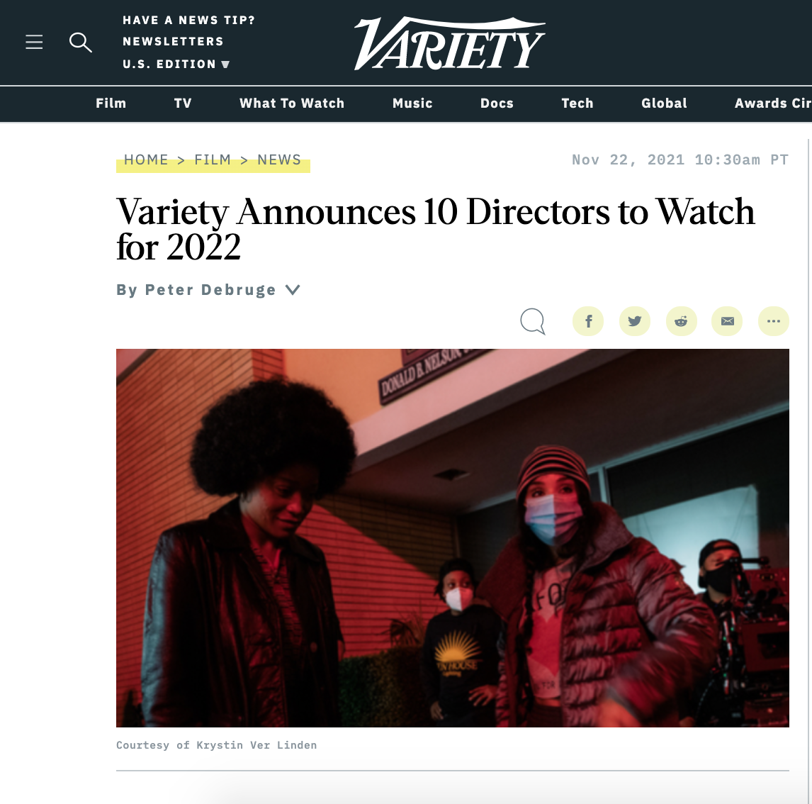 Screenshot of the Variety article naming their 10 Directors to watch in 2022