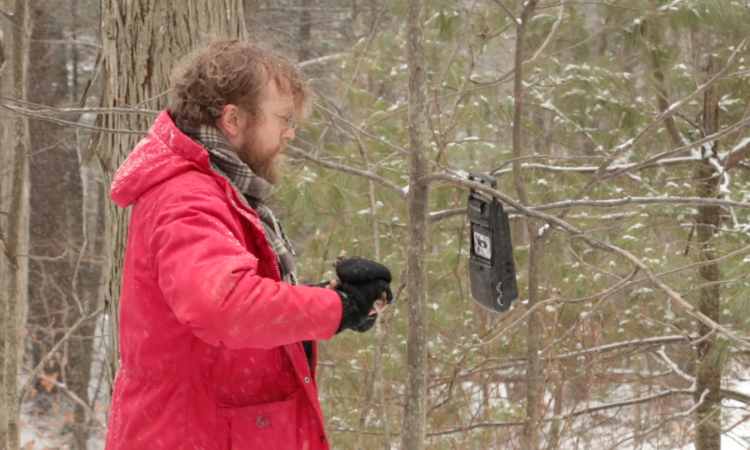 G Lucas Crane making a field recording of breaking twigs in the woods at Mount Tremper Arts.. Image credit: Keith Skretch video still.