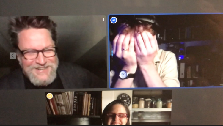 Zoom room with Jim Findlay, G Lucas Crane and Mallory Catlett decompressing after an online performance with Culturehub during lock down May 2020. Image credit: Screenshot by Mallory Catlett.