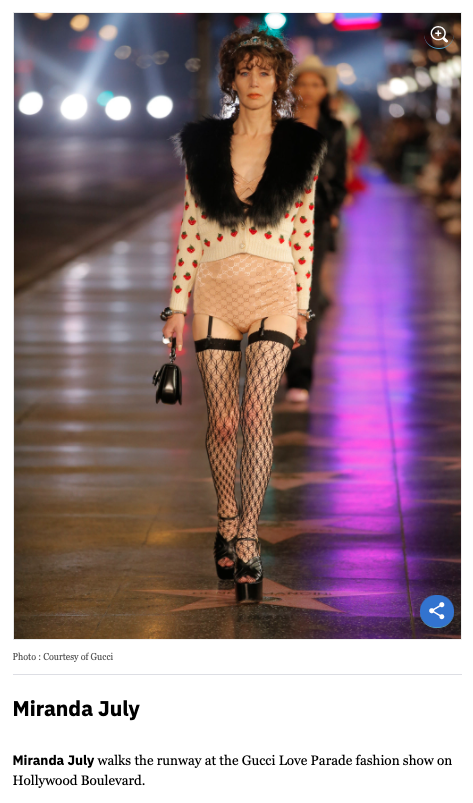 Screenshot of Variety's article, showing Miranda July on the Gucci runway