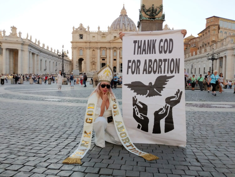 Production still from Viva Ruiz's Thank God for Abortion, the Vatican, 2019.