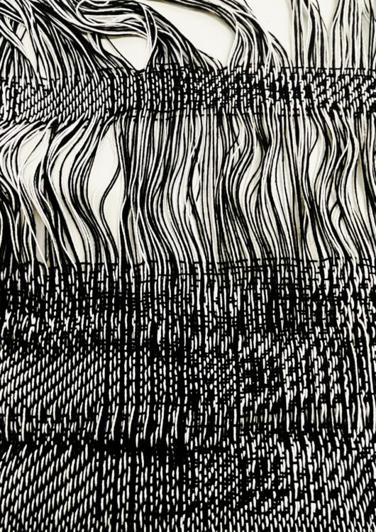 Deconstructed digital woven textile made of black and white threads for Standard Candle.